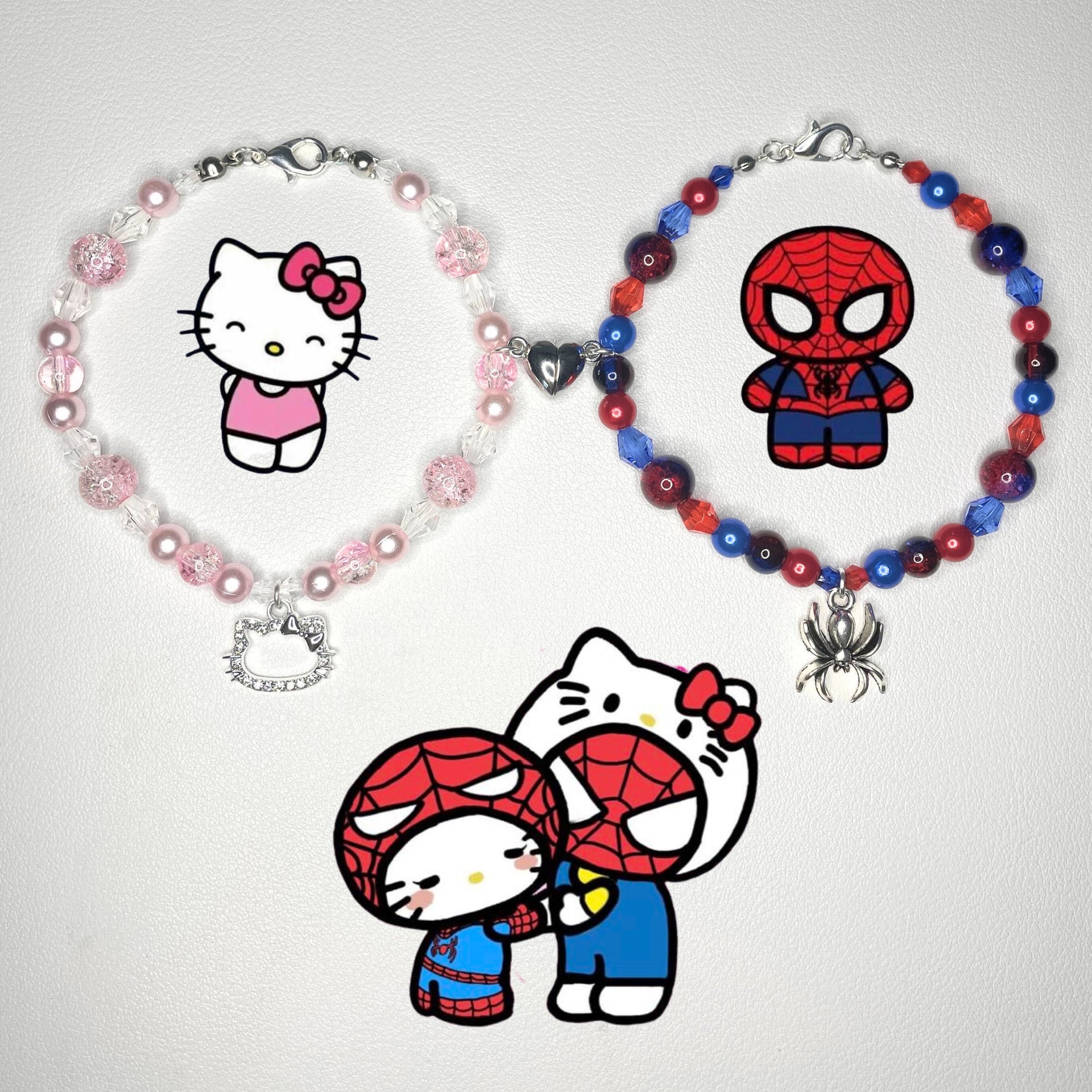 WITH 🩷, MG on Instagram: Spider-Kitty x Spider-Man matching bracelets  🕷️🕸️ •Send this to them 🎀🕸️ Small silver beads on each side of the  charms will not be included! (MAGNETIC HEART WILL
